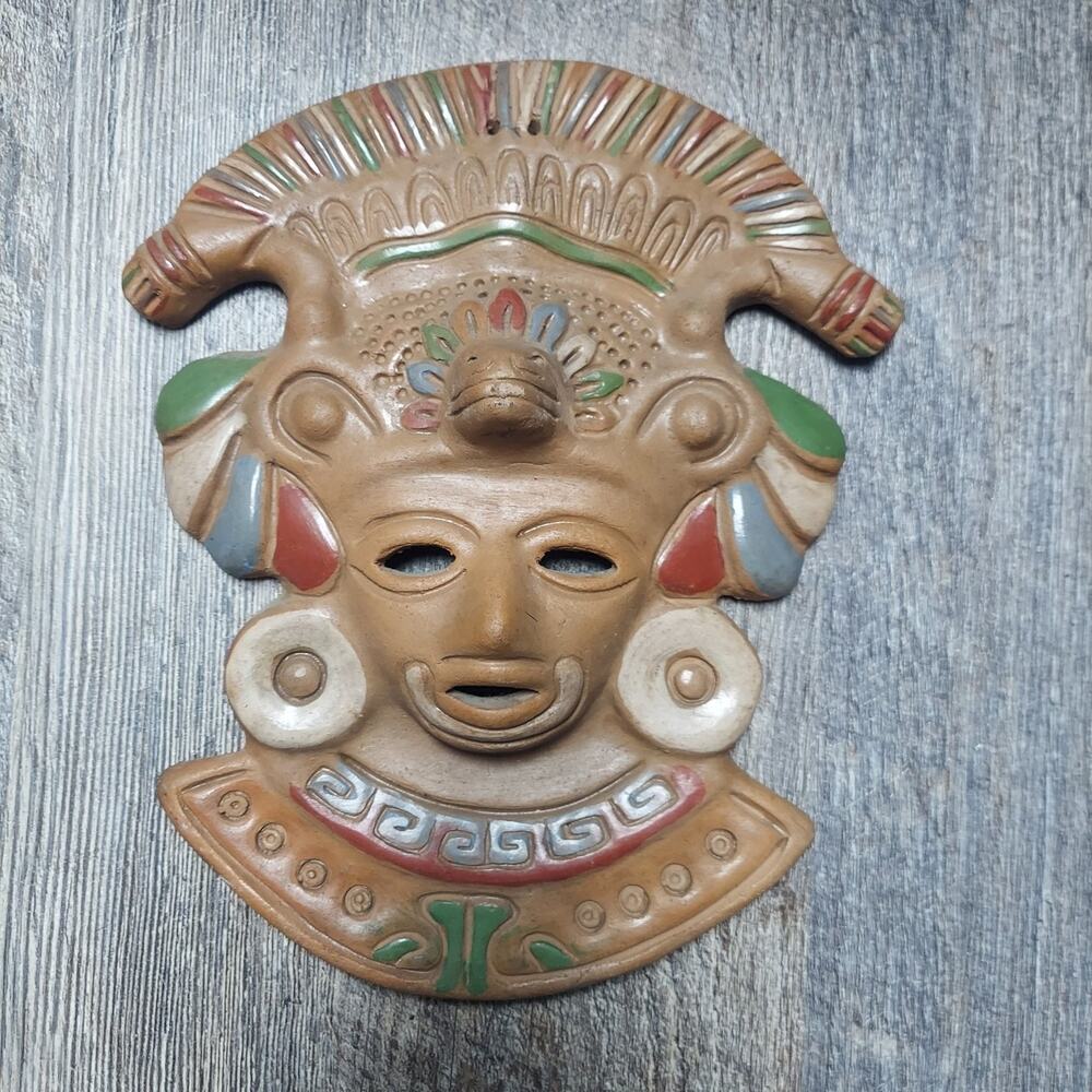 Large Vintage Mexican Terracotta Folk Art Aztec Mask
